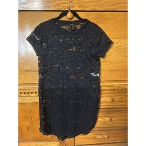 Allover Lace Sheer Black Floral Whimsigoth Glod Short Sleeve Tunic Mini Dress XL